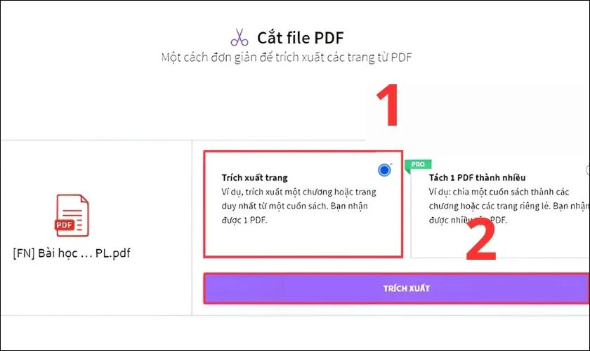 Chờ file PDF được tải l&ecirc;n rồi click v&agrave;o &ocirc; Tr&iacute;ch xuất trang