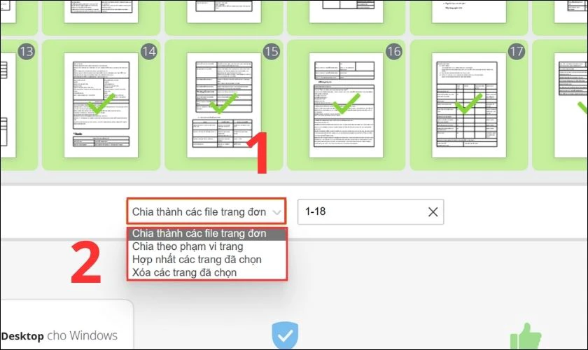 Click v&agrave;o khung sau sẽ c&oacute; 4 lựa chọn để t&aacute;ch file PDF