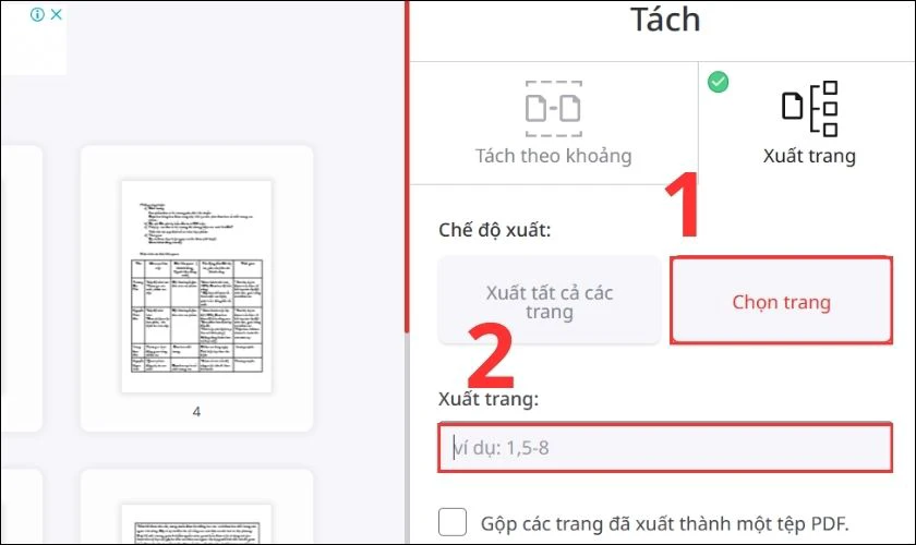 Chọn trang cụ thể để xuất file PDF