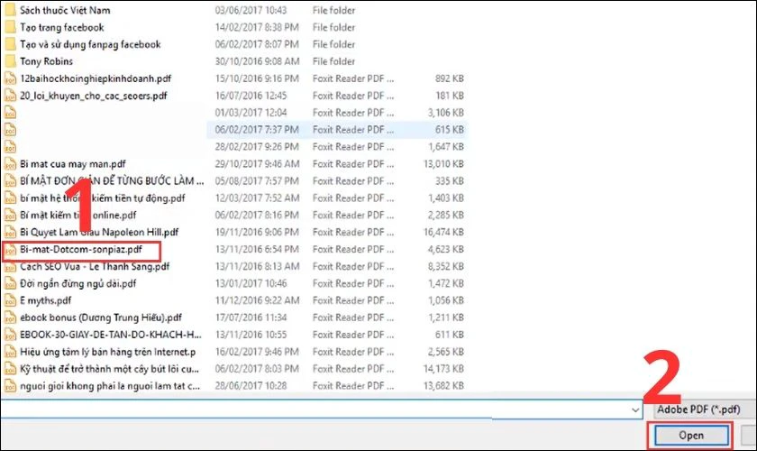 T&igrave;m v&agrave; chọn file PDF cần t&aacute;ch rồi bấm Open