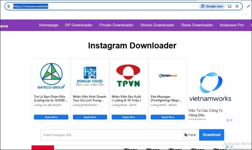 Mở trình duyệt và truy cập trang web tại https://instasave.website/