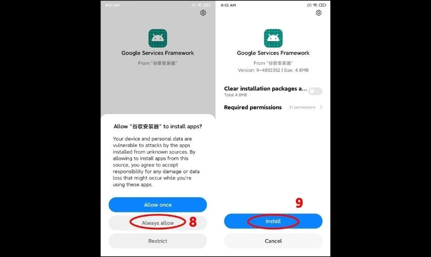 Nhấn Always allow rồi nhấn tiếp Install để cho phép ứng dụng hoạt động