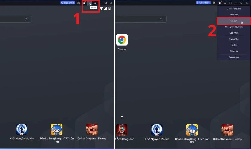 Ra màn hình chính của giao diện LDPlay, vào Menu và chọn Cài đặt