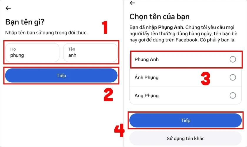 Hãy nhập Họ và Tên vào ô tương ứng