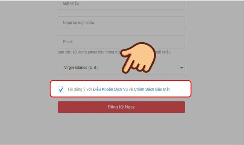 Đánh dấu vào ô "Tôi đồng ý với Điều Khoản Dịch Vụ và Chính Sách Bảo Mật" để tiếp tục