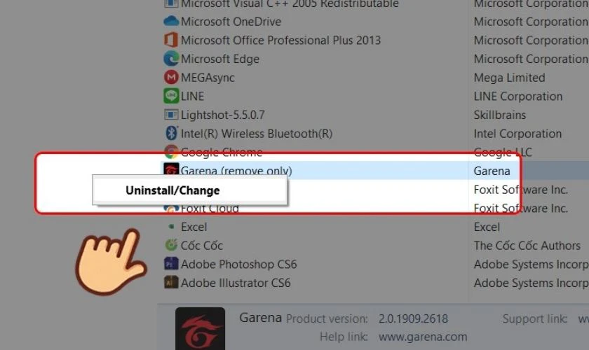 Tìm ứng dụng Garena, nhấn chuột phải và chọn Uninstall (Gỡ cài đặt)