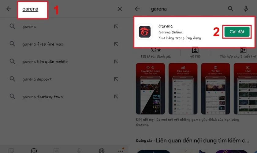 Nhập từ khóa “Garena” vào ô tìm kiếm, chọn Cài đặt