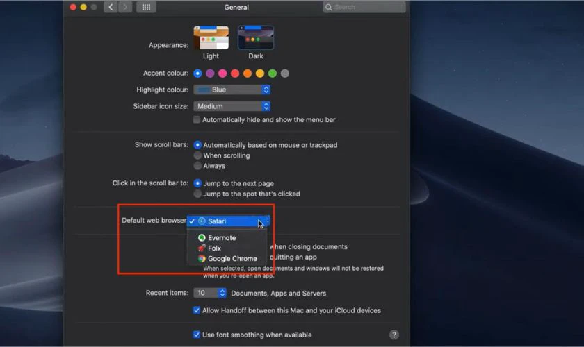 Tiếp theo, bạn nhấn v&agrave;o danh s&aacute;ch tại mục Default web browser