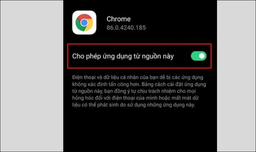 Gạt n&uacute;t cho ph&eacute;p c&agrave;i đặt ứng dụng