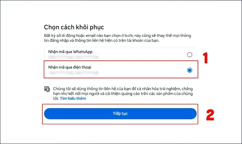 Chọn Nhận m&atilde; qua điện thoại sau đ&oacute; nhấn Tiếp tục