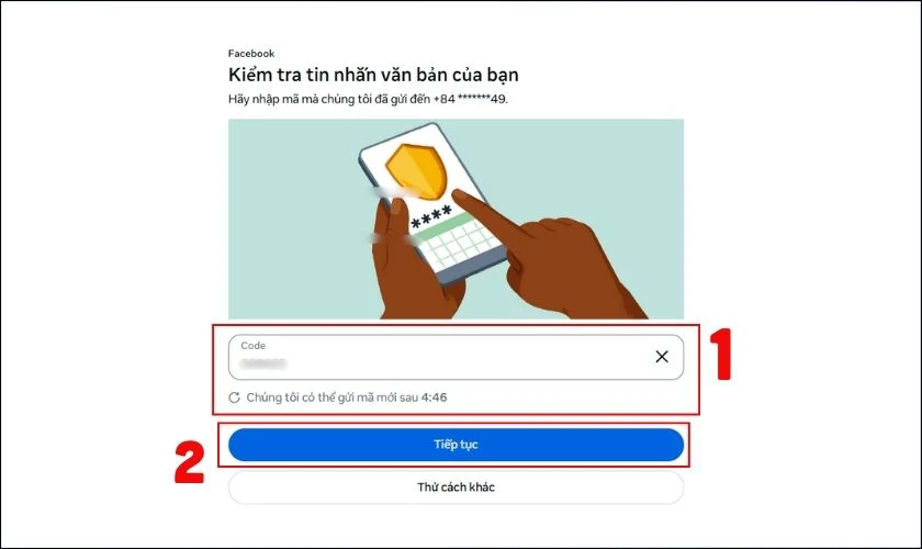 Điền v&agrave;o m&atilde; code v&agrave; nhấn Tiếp tục