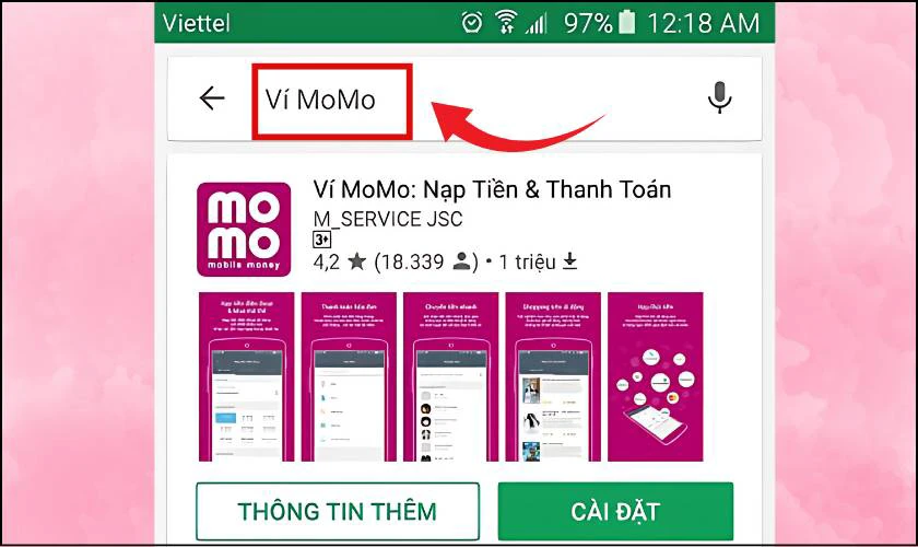 Tiếp đến nhập từ khóa Momo