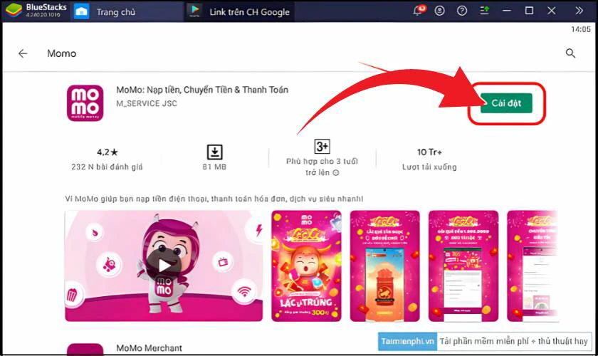 Tìm kiếm với từ khóa Momo và nhấn Cài đặt