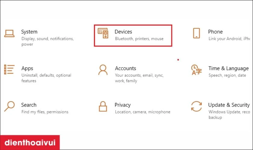 V&agrave;o mục Settings sau đ&oacute; chọn v&agrave;o Devices