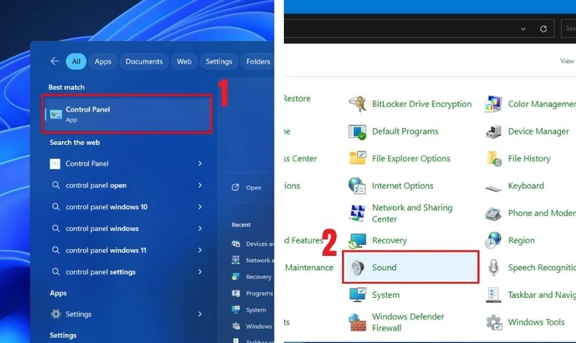 T&igrave;m kiếm Control Panel tr&ecirc;n thanh Taskbar, chọn v&agrave;o Sound