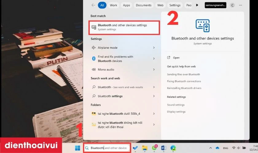 Nhập v&agrave; chọn Bluetooth and other devices settings