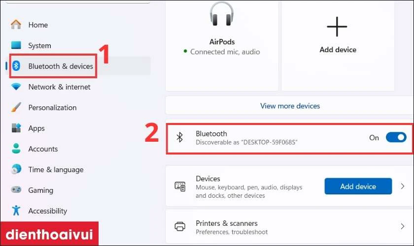 Nhấn v&agrave;o mục Bluetooth & devices rồi nhấn cho thanh gạt