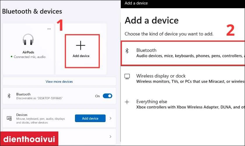 Nhấn v&agrave;o Add device rồi chọn Bluetooth