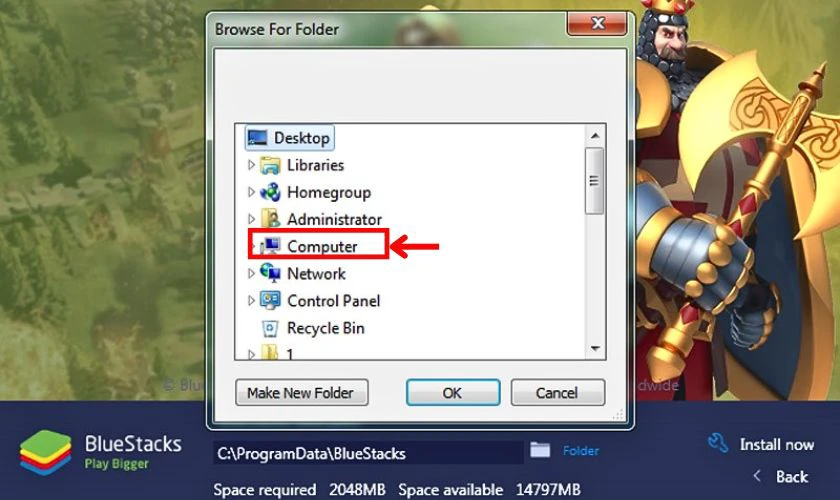 Chọn Computer để chọn ổ đĩa bạn muốn lưu BlueStacks