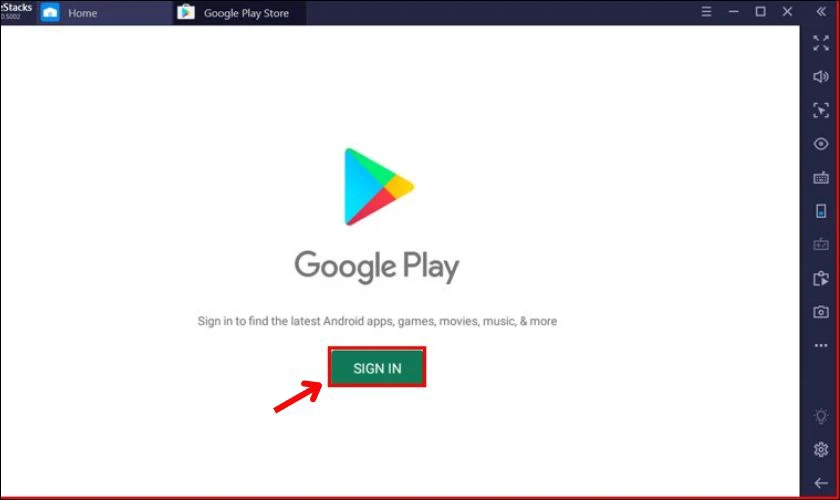 Khi cửa sổ CH Play xuất hiện tr&ecirc;n BlueStacks, bạn tiếp tục nhấn Sign In
