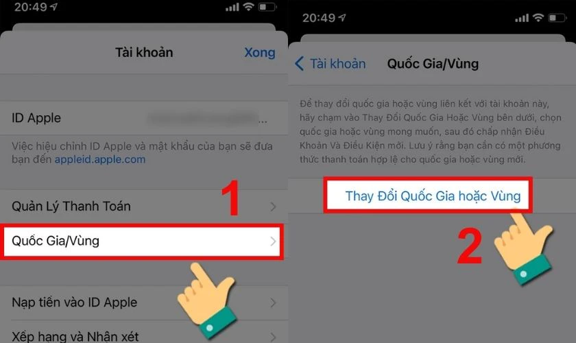 Chọn t&ugrave;y chọn Thay đổi Quốc gia hoặc V&ugrave;ng