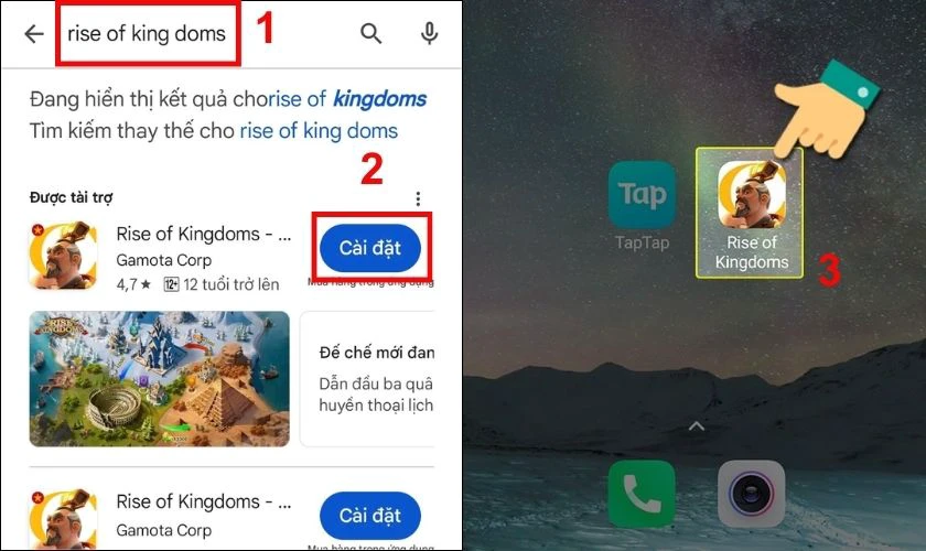 Nhập t&ecirc;n game Rise of Kingdoms v&agrave;o sau đ&oacute; chọn C&agrave;i đặt