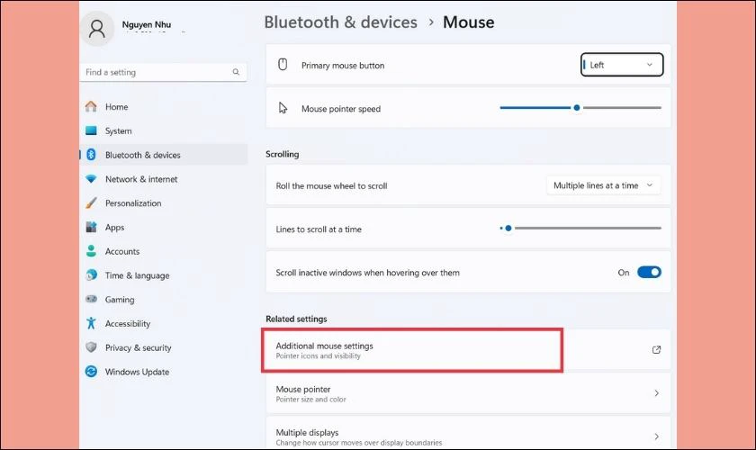 Nhấn chọn mục Additional mouse settings ở khung b&ecirc;n phải m&agrave;n h&igrave;nh