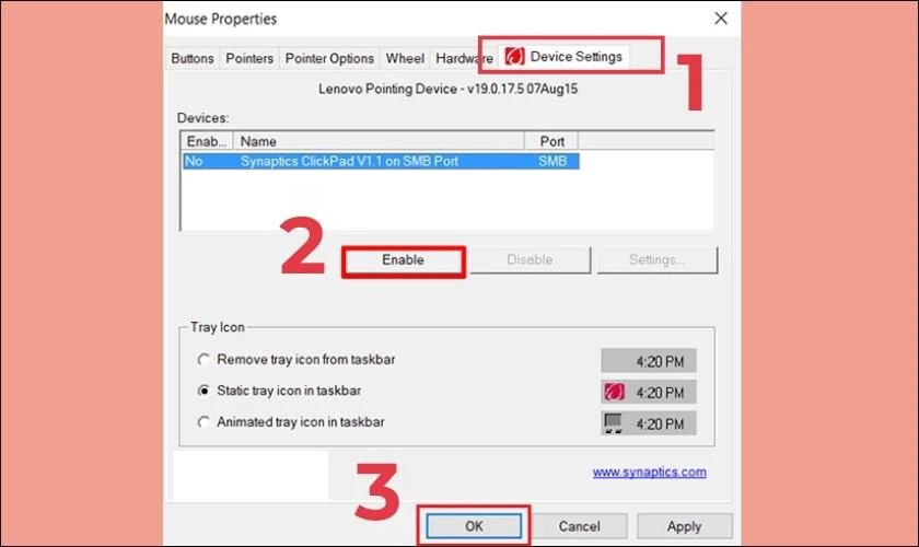 Chọn mục Device Settings, nhấn Enable 