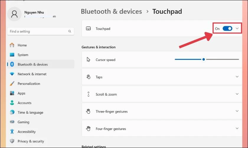 Chuyển trạng th&aacute;i sang On để bật Touchpad