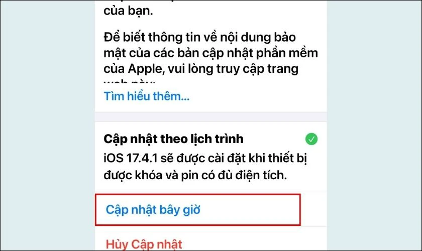 Chọn Cập nhật b&acirc;y giờ để tiến h&agrave;nh c&agrave;i đặt