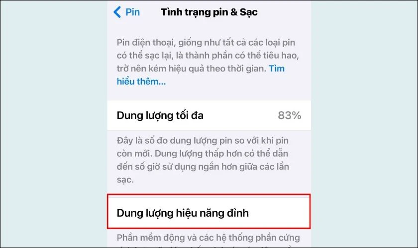 Nếu hiện chữ Dung lượng hiệu năng đỉnh th&igrave; pin vẫn đang hoạt động b&igrave;nh thường