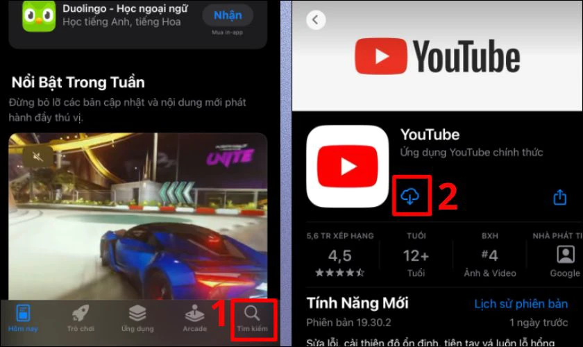 Bạn v&agrave;o App Store v&agrave; t&igrave;m ứng dụng Youtube, Sau đ&oacute;, tải lại về m&aacute;y