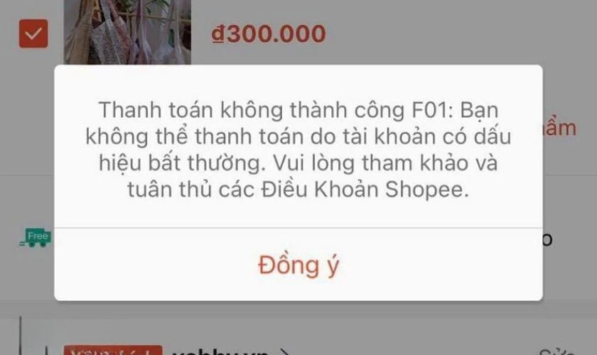 Lỗi thanh to&aacute;n kh&ocirc;ng th&agrave;nh c&ocirc;ng F01