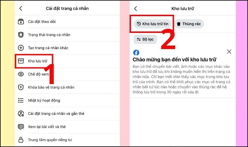 Chọn mục Kho lưu trữ, sau đ&oacute; nhấn v&agrave;o Kho lưu trữ tin