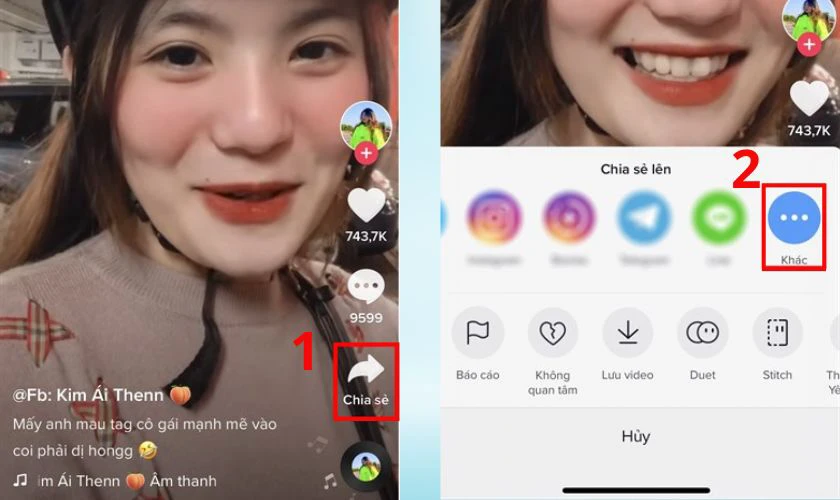 Mở TikTok v&agrave; nhấn v&agrave;o n&uacute;t Chia sẻ tr&ecirc;n video bạn muốn tải