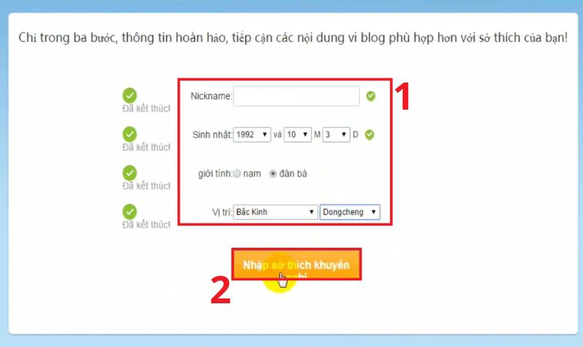 Chọn mục Nhập sở th&iacute;ch khuyến nghị