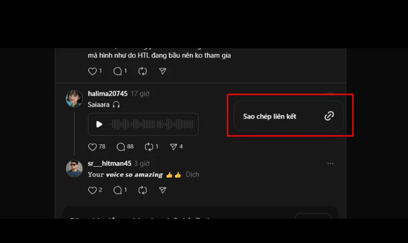 Tìm bài đăng hoặc đoạn chat có Voice cần tải, nhấn Chia sẻ, chọn Sao chép liên kết