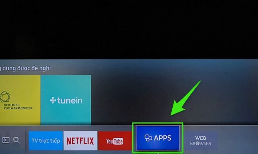 Chọn Apps để truy cập kho ứng dụng và ấn Tìm kiếm và nhập VTV Go