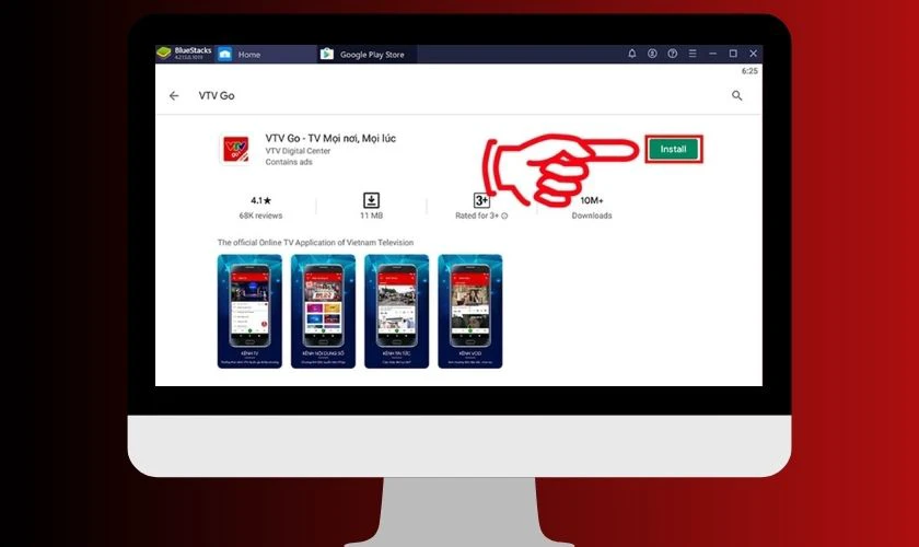 Chọn ứng dụng VTV Go chính thức và nhấn Install/Cài đặt