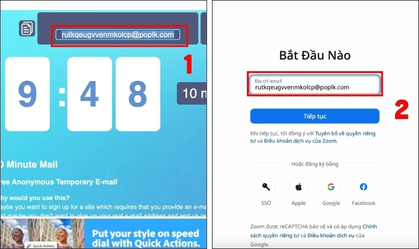 Sử dụng t&agrave;i khoản Email tạm thời