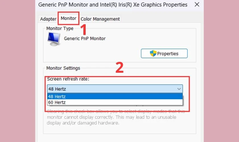 Bạn bấm vào mục Monitor rồi chọn mức Screen refresh rate