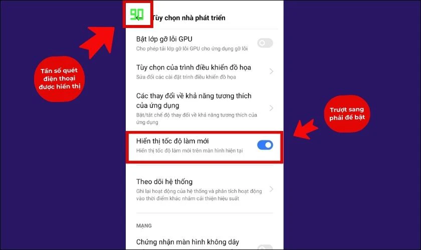 Kiểm tra tần số qu&eacute;t m&agrave;n h&igrave;nh điện thoại trong C&agrave;i đặt