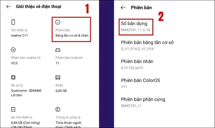 Trong mục Giới thiệu về thiết bị, bấm chọn v&agrave;o mục Phi&ecirc;n bản