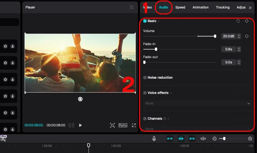 Kế đến bạn hãy chọn tab Audio để mở các tùy chỉnh âm thanh