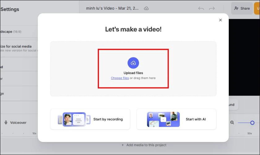 Kế đến bạn hãy nhấn Upload files và chọn video từ thiết bị