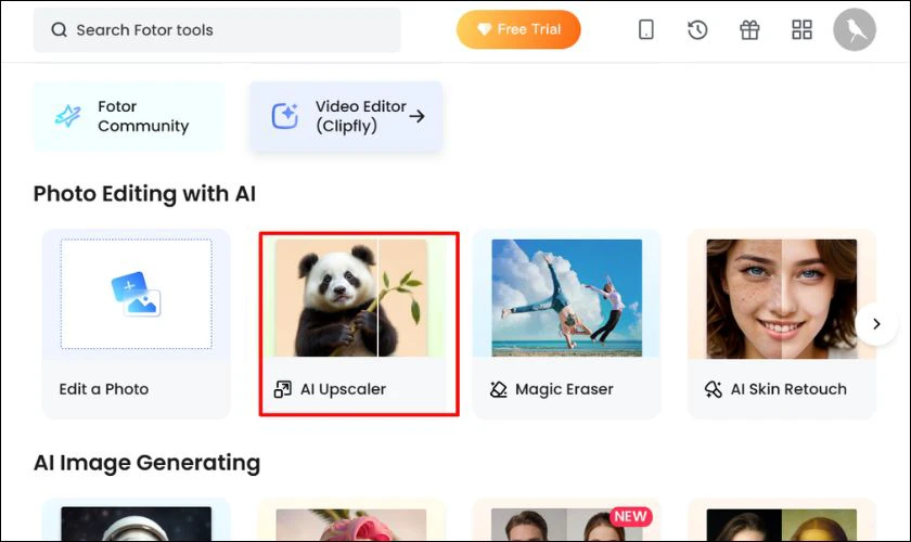 T&igrave;m v&agrave; nhấn v&agrave;o mục Ai Upscaler tr&ecirc;n trang chủ của Fotor