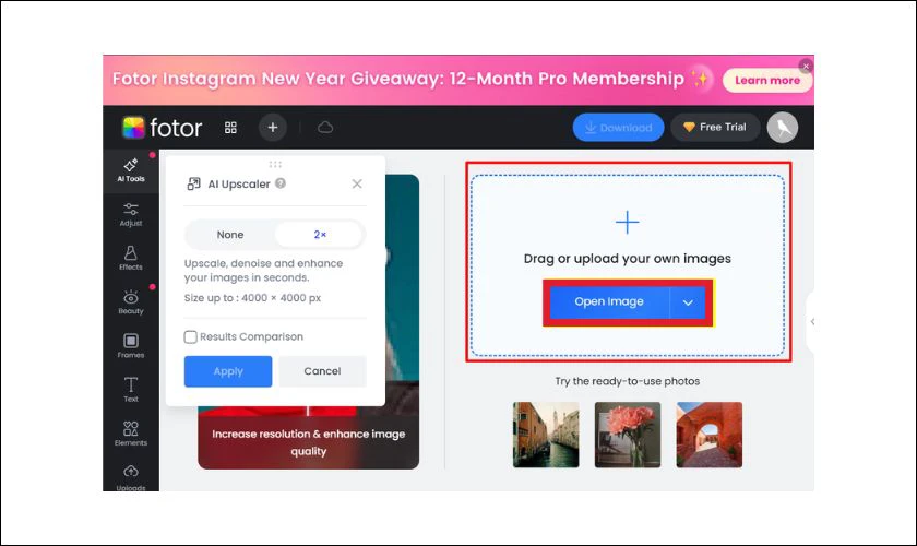Nhấn v&agrave;o Open Image để bắt đầu tải ảnh l&ecirc;n