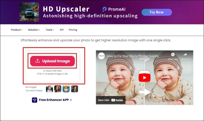 Nhấn v&agrave;o Upload Image để tải ảnh l&ecirc;n