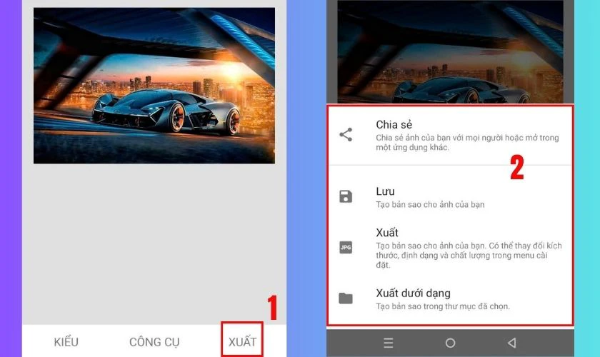 Cuối cùng nhấn chọn Xuất và lựa chọn chia sẻ hoặc lưu ảnh về thiết bị