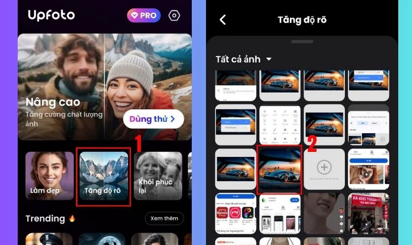 Nhấn chọn vào mục Tăng độ rõ và chọn bức ảnh bạn muốn cải thiện chất lượng